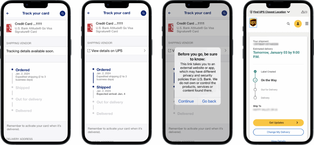Track your card on mobile native: Ordered and shipped steps