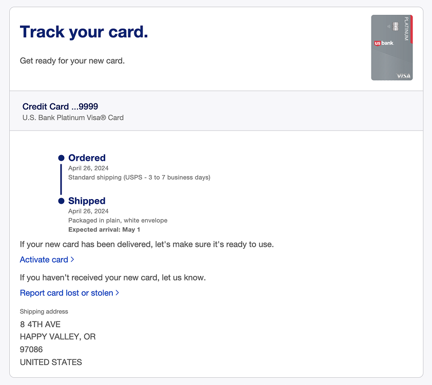 Delivered card screen on desktop web displaying a helpful prompt and direct link to report a card as lost or stolen if it has not been received or activated.