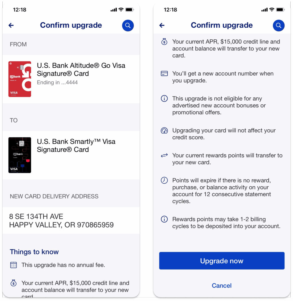 Mobile app confirmation screen where customers review offer details and confirm their credit card upgrade selection.