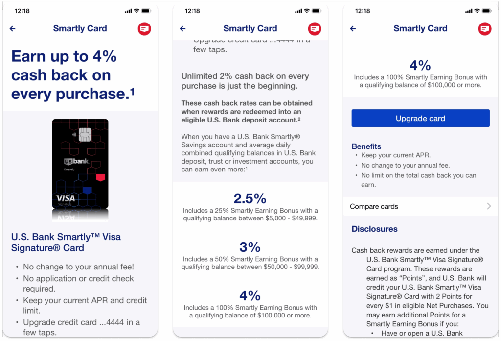 Mobile app screen showing a personalized credit card upgrade offer, highlighting key benefits and rewards details.