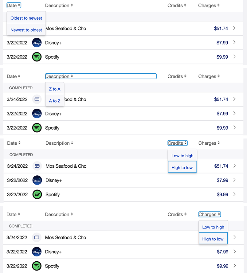 Legacy transaction ledger column sort options.