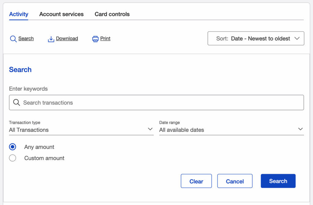 Updated transaction search interface with simplified search options
