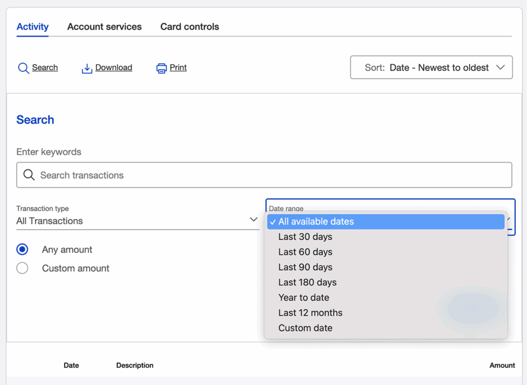 Updated transaction search interface with date field options