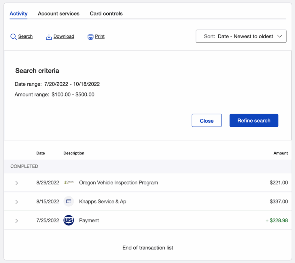 Updated transaction search results interface