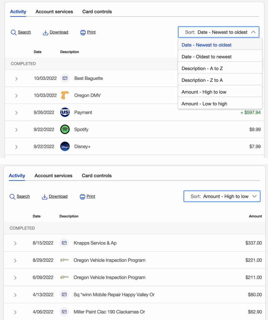 Updated transaction sort design, utilizing a dropdown with consolidated sort options