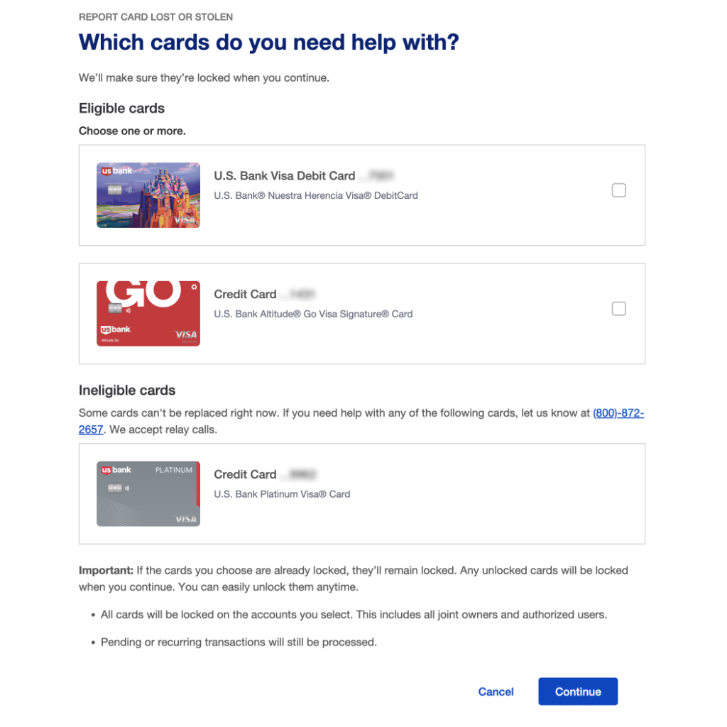 Report cards lost or stolen: card selection screen on responsive web