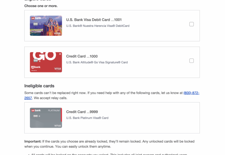 Report cards lost or stolen: card selection screen on responsive web